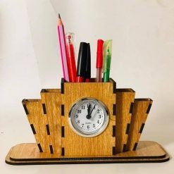 Wooden Desk Organizer - Pen Holder and Clock