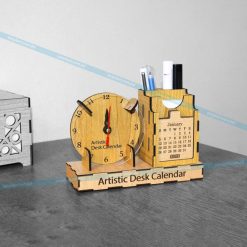 Wooden Desk Calendar with Clock, Business Card Holder & Pen Holder